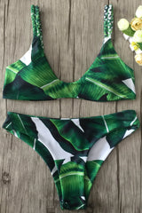Green Tropical Leaf Print Braided Triangle Bikini Set