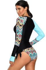 Ethnic Color Block Long Sleeve Rash Guard Tankini Swimsuit - Two Piece Set