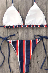 Dark Blue Striped Nautical Triangle Bikini - Two Piece Set