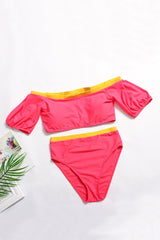 Plus Size Contrast High Waist Sleeved Off Shoulder Bikini - Two Piece Set