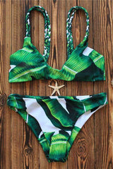 Green Tropical Leaf Print Braided Triangle Bikini Set