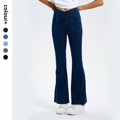 Imitation denim crossover high-waisted slimming hip-lifting bell bottoms