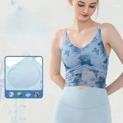 Butterfly print mesh ruffled sports bra