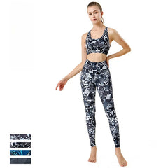 Printed high-waisted slimming bra leggings sports fitness set