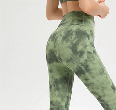 Tie-dye personality nude hip lift slim sports running tight stretch cropped pants