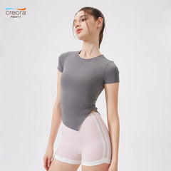 Cool, Breathable, Antibacterial, Asymmetrical waist, Sports running training, Short sleeves