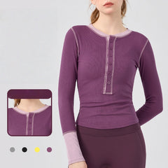 Retro crew neck contrast design slim yoga fitness long-sleeved top