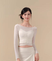 Mesh breathable pleated waist two-piece set