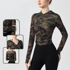 Short leopard print slimming hooded zip sports jacket