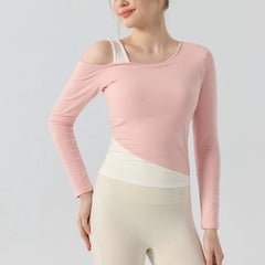 Contrasting fake two-piece off-the-shoulder sports Pilates top