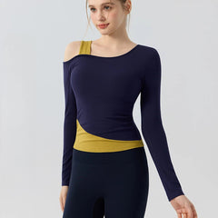 Contrasting fake two-piece off-the-shoulder sports Pilates top