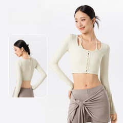 U-neck halterneck fake two-piece slimming yoga long sleeves