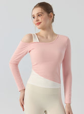 Contrasting fake two-piece off-the-shoulder sports Pilates top