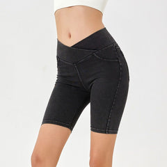 Imitation denim high-waisted slim cropped pants