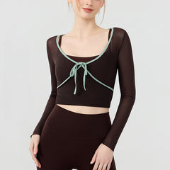 Fake two contrasting bow mesh long sleeves