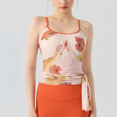 Printed mesh shirred strap slim sports vest