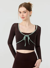 Fake two contrasting bow mesh long sleeves