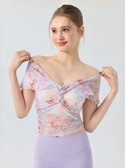 Sexy V-neck mesh print short sleeves