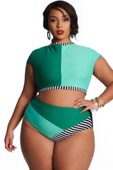 Plus Size High Waist Color Block Sleeved Crop Bikini - Two Piece Set
