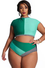 Plus Size High Waist Color Block Sleeved Crop Bikini - Two Piece Set