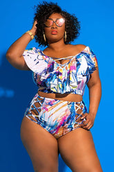 Plus Size Scrawl Ruffle Crisscross Strappy High Waisted Bikini - Two Piece Set