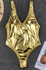 Metallic High Leg V Neck One Piece Swimsuit