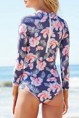 Purple Surf Floral Long Sleeve Rash Guard One Piece Swimsuit