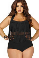 Plus Size Timeless Fringed Halter Bandeau Bikini - Two Piece Swimsuit