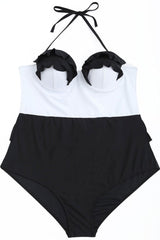 Plus Size Color Block Ruffle Peplum One Piece Swimsuit