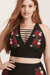Plus Size High Waist Floral Embroidery Strappy Plunge Bikini