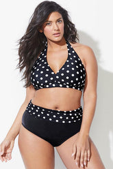 Plus Size Polka Dots High Waist Halter Bikini - Two Piece Set