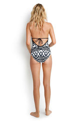 White Low Back Deep V Cross Strappy Halter One Piece Swimsuit