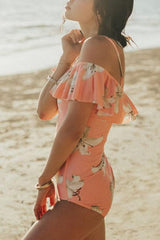 Pink Floral Print Off Shoulder Ruffle Straps Cute One Piece Swimsuit