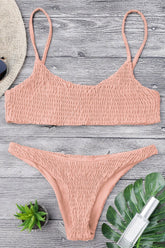 Pink Smocked Scoop Neck High Cut Cheeky Two Piece Brazilian Bikini