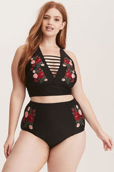 Plus Size High Waist Floral Embroidery Strappy Plunge Bikini