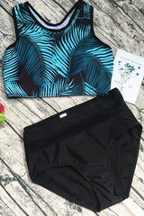 Green Black Palm Leaf Print High Waisted Crop Top Bikini