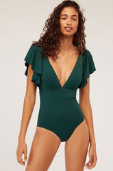 Solid Ruffle Sleeved Plunged Neck One Piece Swimsuit