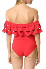 Red Layered Ruffle Off The Shoulder One Piece Swimsuit