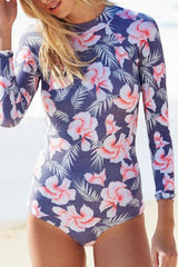 Purple Surf Floral Long Sleeve Rash Guard One Piece Swimsuit