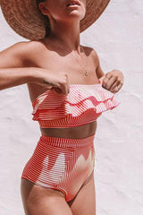 High Waisted Striped Ruffle Bandeau Bikini - Two Piece Swimsuit