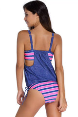 Contrast Color Striped Tie Side Tankini - Two Piece Swimsuit