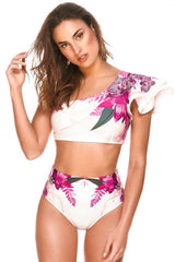 High Waist Floral Ruffle One Shoulder Bikini - Two Piece Set