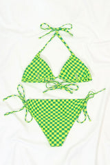 Neon Gingham Tie String Sliding Triangle Bikini - Two Piece Set