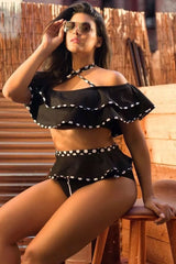 Plus Size High Waist Polka Dot Ruffle Off Shoulder Bikini - Two Piece Set