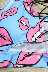 Pink Blue Strappy Lip Print Side Tie High Cut Cheeky Two Piece Swimsuit