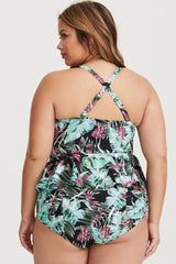 Plus Size Tropical Leaf Underwire Peplum Tankini Swimsuit - Two Piece Set