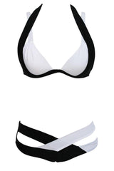 White Black Strappy Cutout Two Tone Halter Bikini Two Piece Swimsuit
