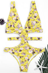 Yellow Cutout Plunging Floral Print Bandage Cheeky Monokini Swimwear