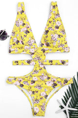 Yellow Cutout Plunging Floral Print Bandage Cheeky Monokini Swimwear
