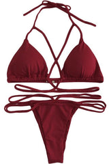 Burgundy Halter Triangle Braided Strappy Cheeky Bikini